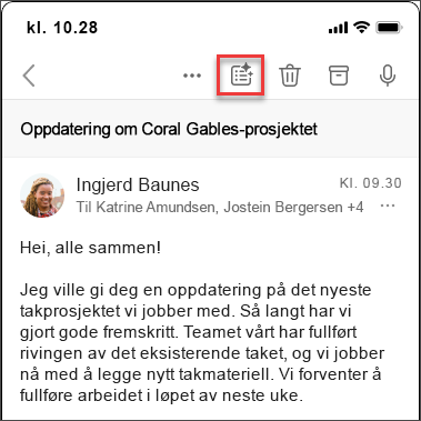 Ikon for Copilot-sammendrag for å oppsummere en e-posttråd i iOS og Android.