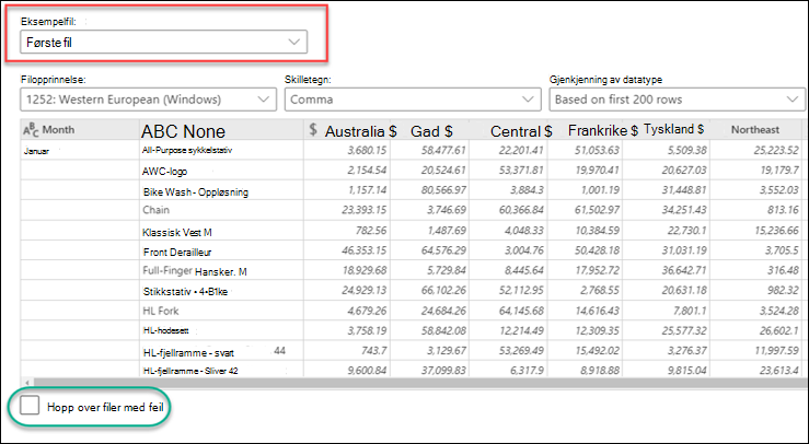 En eksempeldialogboks for tekstimport