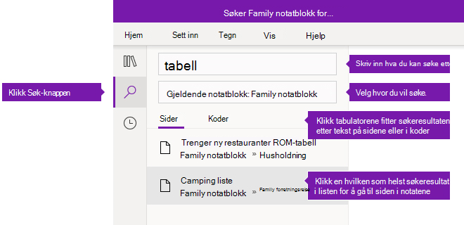 Søke i rutealternativer i OneNote for Windows 10