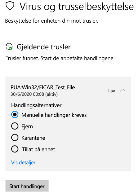 Disse handlingene kan du utføre når Windows Sikkerhet har oppdaget en potensielt uønsket app