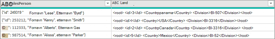 Eksempel på JSON- og XML-data