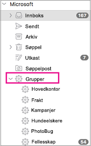 Grupper som er oppført i mapperuten i Outlook 2016 for Mac