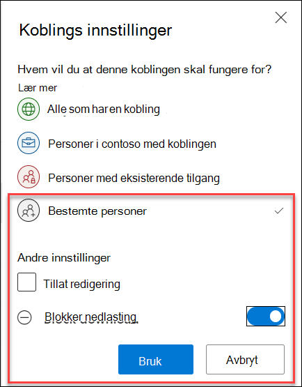 Alternativet For nedlasting av OneDrive-blokk i Koblingsinnstillinger