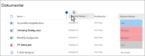 Et dokumentbibliotek i den moderne SharePoint Online-visningen som viser en kolonne som dras fra én posisjon til en annen