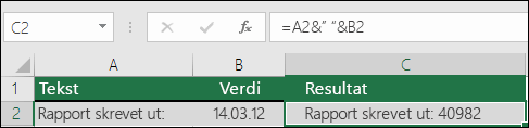 Eksempel på å slå sammen tekst uten TEKST-funksjonen