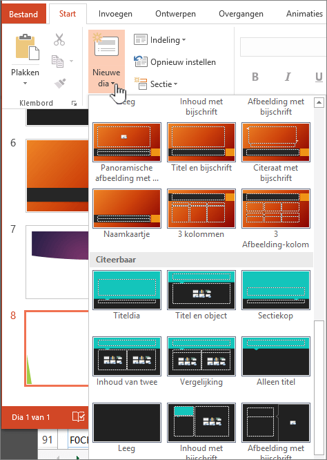 Klik op de pijl naast Nieuw dia om modellen te selecteren