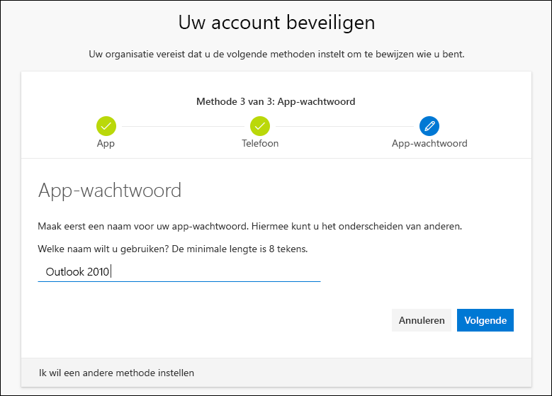 De naam van het app-wachtwoord toevoegen aan de wizard