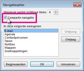 De opdracht Compacte navigatie in het dialoogvenster Navigatieopties