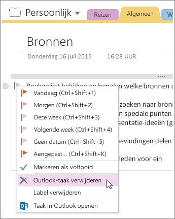 Schermafbeelding van het verwijderen van een Outlook-taak in OneNote 2016.