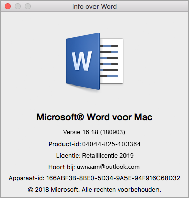 Dialoogvenster Informatie over Word