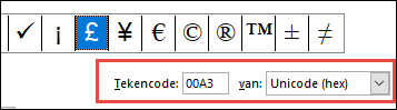 Het veld Van geeft aan dat dit een Unicode-symbool is