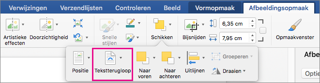 Klik op Tekstterugloop om te selecteren hoe tekst terugloopt rond een afbeelding of tekenobject.