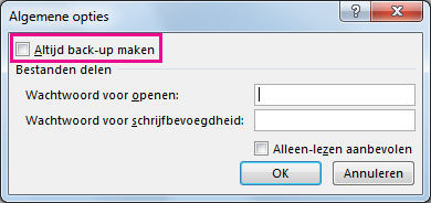 optie Altijd back-up maken in het dialoogvenster Algemene opties