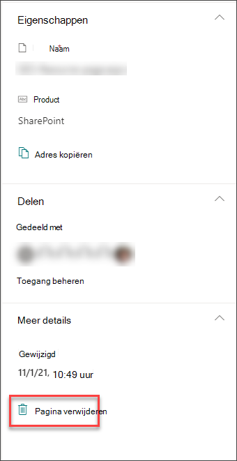 Schermafbeelding van de optie Pagina verwijderen in het deelvenster Paginadetails