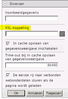 De eigenschap XSL-koppeling in het menu Webonderdeel