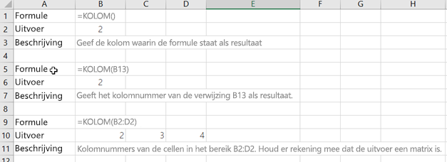 Voorbeelden van de functie KOLOM