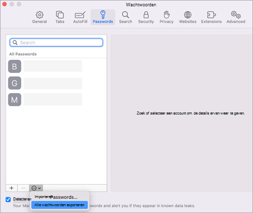 Het menu Wachtwoorden in safari-instellingen met Alle wachtwoorden exporteren geselecteerd.