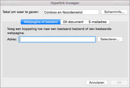 De opties voor het invoegen van een hyperlink naar een webpagina, een e-mailadres of een document