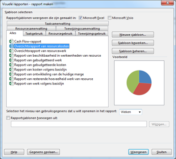 Lijst van visuele Excel-rapportsjablonen in het dialoogvenster Rapporten weergeven