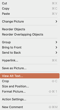 De optie Alternatieve tekst weergeven in het contextmenu in PowerPoint voor Mac.