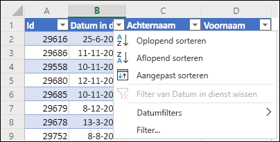 Gebruik het tabelfilter van Excel om in oplopende of aflopende volgorde te sorteren