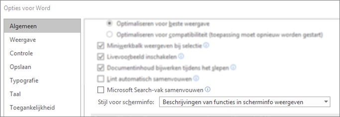 Het dialoogvenster Bestand > Opties met de optie Microsoft Search-vak standaard samenvouwen.