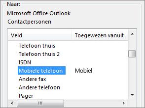 mob. nr. is toegewezen aan het veld mobiele telefoon in outlook