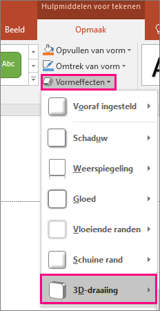 De optie 3D-rotatie in het menu Vormeffecten in PowerPoint 2016.