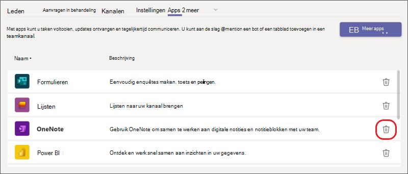 een app verwijderen uit een team