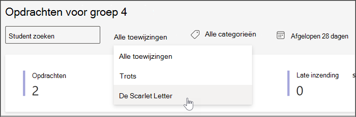 schermopname van de beschikbare filters in de weergave Opdrachten en Cijfers van Insights. u kunt zoeken op student, op opdracht op tag of op datum.