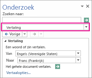 De optie Vertaling in het deelvenster Onderzoek
