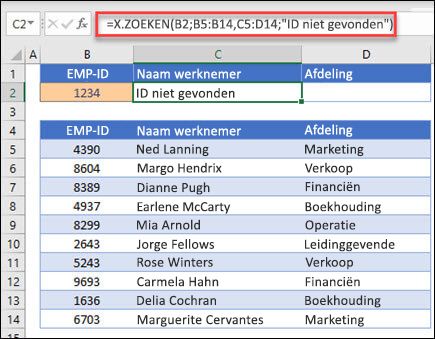 Voorbeeld van de X.ZOEKEN-functie die wordt gebruikt om de naam van een medewerker en een afdeling te retourneren op basis van medewerker-ID, met het argument if_not_found. De formule is =X.ZOEKEN(B2;B5:B14;C5:D14;0;1;"Werknemer niet gevonden")