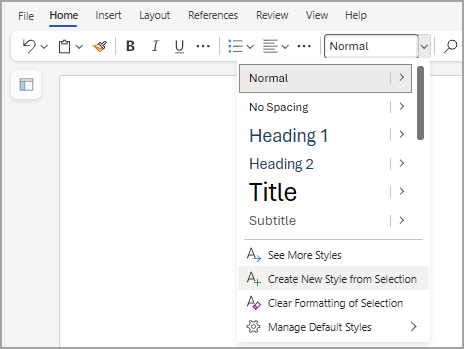 Toont het stijlmenu in Word voor het web, waarbij 'Nieuwe stijl maken op basis van selectie' onderaan de lijst is gemarkeerd.