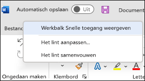 Afbeelding van de optie om de werkbalk Snelle toegang weer te geven