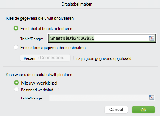 Het dialoogvenster Creatie een draaitabel in Mac.