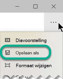 Selecteer op de werkbalk het beletselteken om het menu Meer weergeven te openen en selecteer vervolgens Opslaan als.