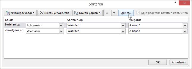 Klik op Sorteren om het dialoogvenster Sorteren te openen