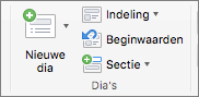 Schermafbeelding van de groep Dia's met de opties Nieuwe dia, Indeling, Opnieuw instellen en Sectie.