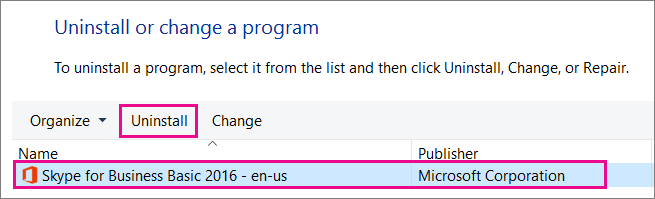 Kies in het Configuratiescherm Programma's verwijderen en vervolgens Skype voor Bedrijven.