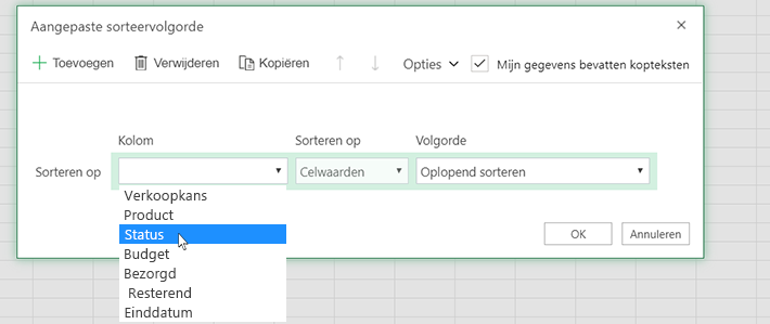 Een kolom selecteren in het dialoogvenster Aangepast sorteren