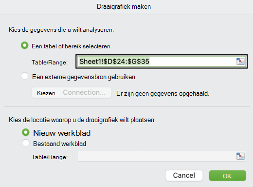 Het dialoogvenster Creatie draaigrafiek in Mac.