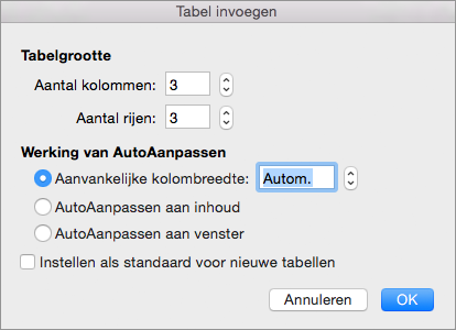 Shows the settings for creating a custom table