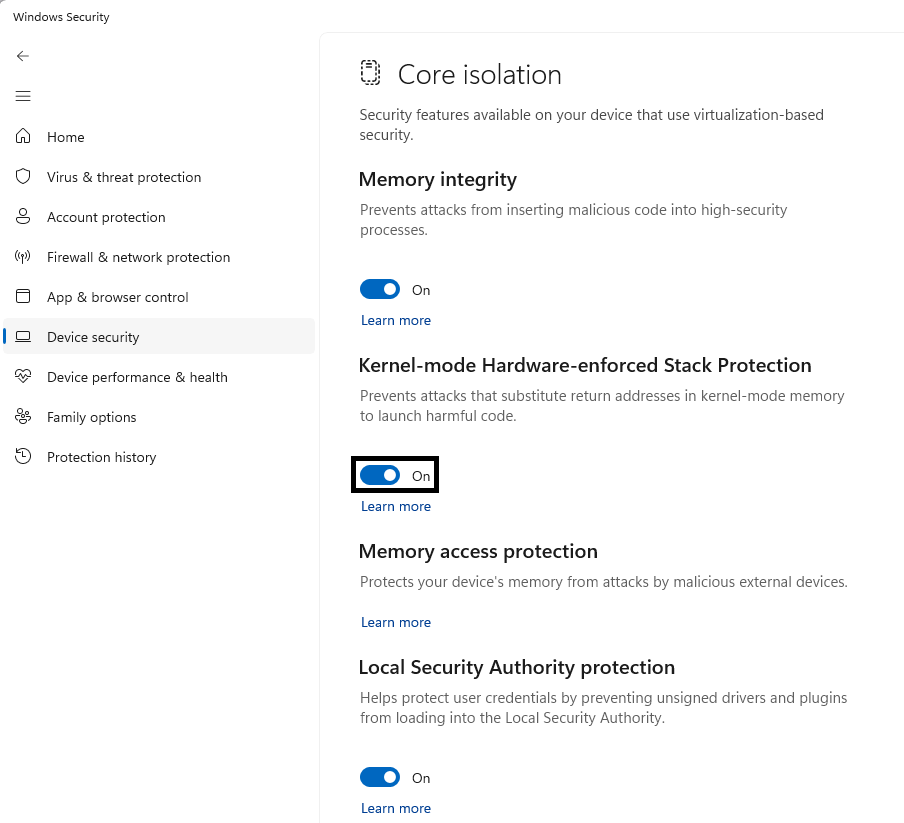 Hiermee wordt de locatie aangegeven van de wisselknop voor de gebruikersinterface van de door hardware afgedwongen stackbeveiliging in de kernelmodus op de pagina Kernisolatie van de Windows-beveiligingsapp.