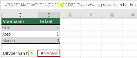 Fout #NAAM? als gevolg van ontbrekende dubbele aanhalingstekens in tekstwaarden