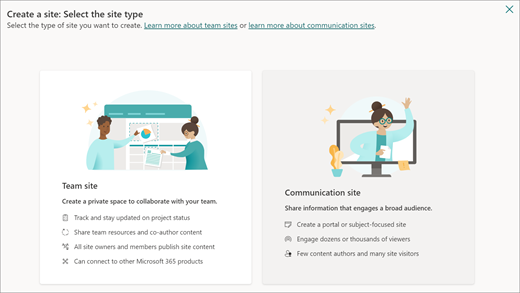 Selecteer het linkerdeelvenster om een teamsite te maken of selecteer het rechterdeelvenster om een communicatiesite te maken.