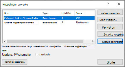 Het dialoogvenster Koppelingen bewerken in Excel vanuit Gegevens > Query's & Verbindingen > Koppelingen bewerken