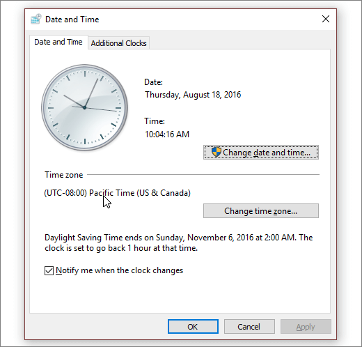 Een schermafbeelding met het menu Datum en tijd in Windows 10.