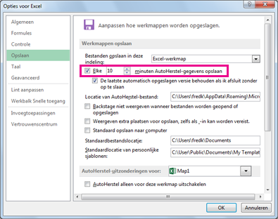optie AutoHerstel op het tabblad Opslaan van het dialoogvenster Opties voor Excel