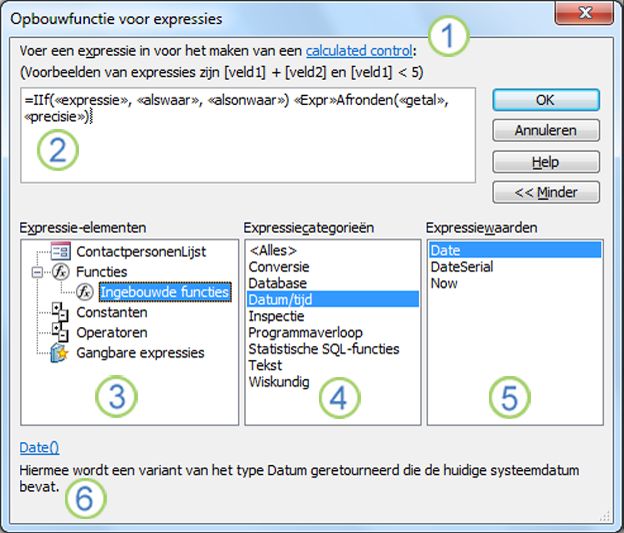 Het dialoogvenster Opbouwfunctie voor expressies