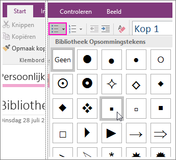 Schermafbeelding van het toevoegen van opsommingstekens aan een pagina in OneNote 2016.